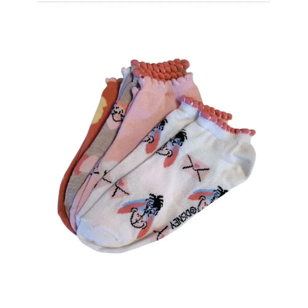 Disney Pink‎ White Winnie the Pooh 5 Pairs Ruffled Ankle Socks NWT